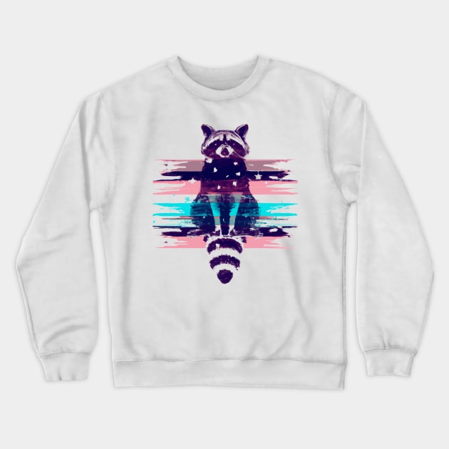 Glitchy Trippy Retro Raccoon Washed Out  Artwork T Shirt Crewneck Sweatshirt by Furrban